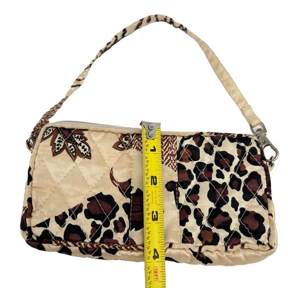 Mini Purse Wallet Satin Quilted Brown Leaf Cheetah Handle Zip 7" x 3.5" Divider - Picture 8 of 8